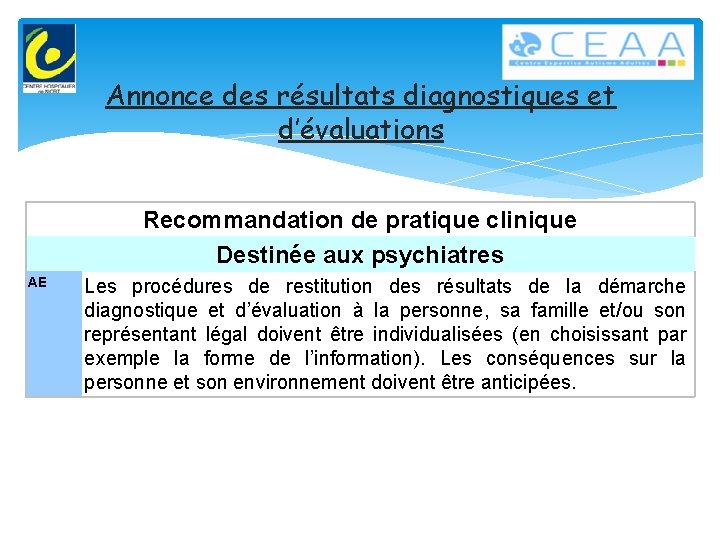 Annonce des résultats diagnostiques et d’évaluations Recommandation de pratique clinique Destinée aux psychiatres AE