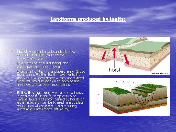 Landforms produced by faults: • Horst = upland area bounded by low ground either