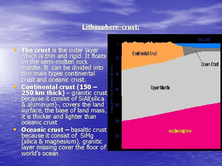  Lithosphere-crust: • The crust is the outer layer • • which is thin
