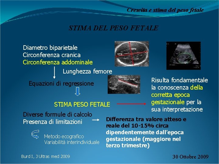 Crescita e stima del peso fetale STIMA DEL PESO FETALE Diametro biparietale Circonferenza cranica