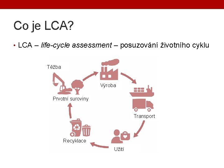 Co je LCA? • LCA – life-cycle assessment – posuzování životního cyklu Těžba Výroba