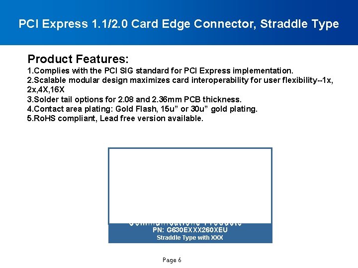 PCI Express 1. 1/2. 0 Card Edge Connector, Straddle Type Product Features: 1. Complies