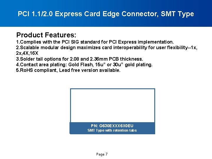 PCI 1. 1/2. 0 Express Card Edge Connector, SMT Type Product Features: 1. Complies