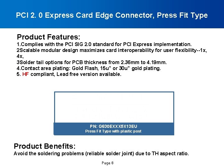 PCI 2. 0 Express Card Edge Connector, Press Fit Type Product Features: 1. Complies