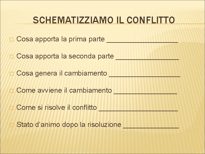 SCHEMATIZZIAMO IL CONFLITTO � Cosa apporta la prima parte _________ � Cosa apporta la SCHEMATIZZIAMO IL CONFLITTO � Cosa apporta la prima parte _________ � Cosa apporta la