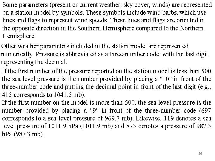 Some parameters (present or current weather, sky cover, winds) are represented on a station