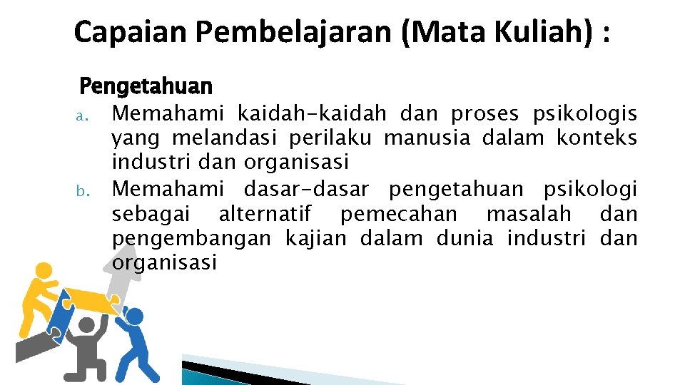 Capaian Pembelajaran (Mata Kuliah) : Pengetahuan a. Memahami kaidah-kaidah dan proses psikologis yang melandasi