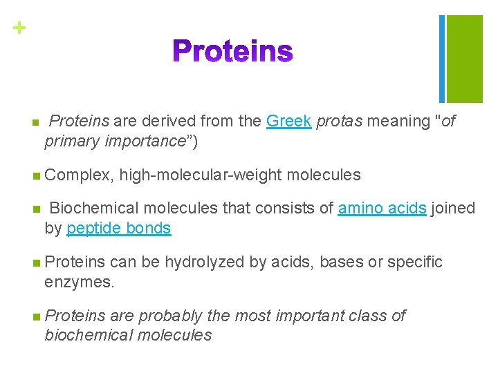 + n Proteins are derived from the Greek protas meaning "of primary importance”) n