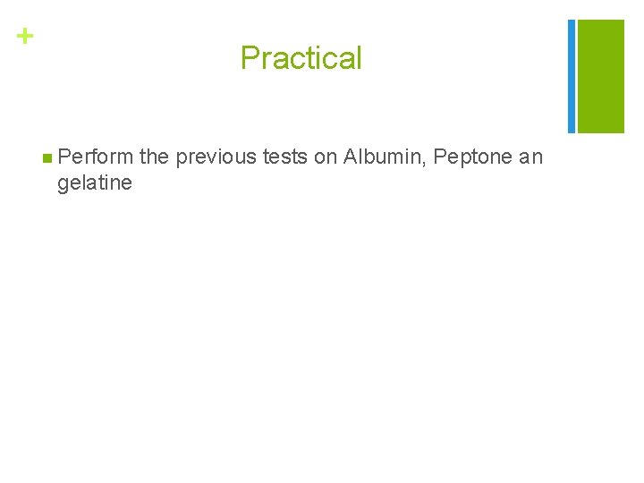 + Practical n Perform gelatine the previous tests on Albumin, Peptone an 