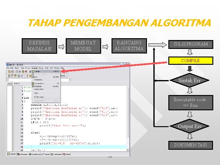 TAHAP PENGEMBANGAN ALGORITMA DEFINISI MASALAH RANCANG ALGORITMA MEMBUAT MODEL TULIS PROGRAM COMPILE Sintak Err