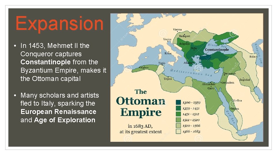 Expansion • In 1453, Mehmet II the Conqueror captures Constantinople from the Byzantium Empire,