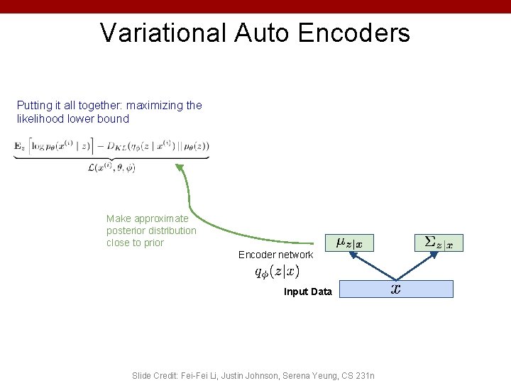 Variational Auto Encoders Putting it all together: maximizing the likelihood lower bound Make approximate