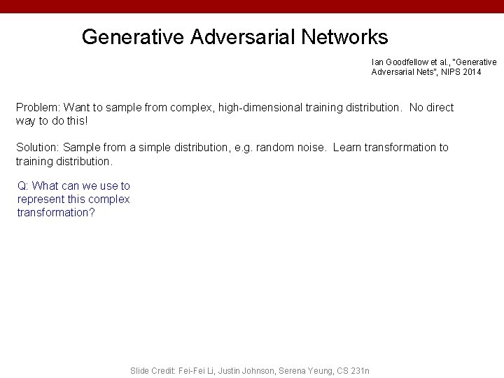 Generative Adversarial Networks Ian Goodfellow et al. , “Generative Adversarial Nets”, NIPS 2014 Problem: