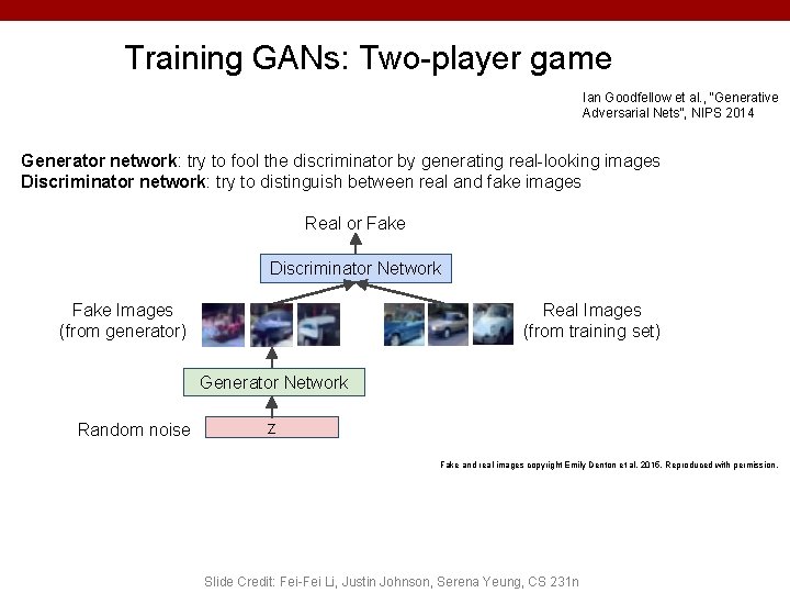 Training GANs: Two-player game Ian Goodfellow et al. , “Generative Adversarial Nets”, NIPS 2014