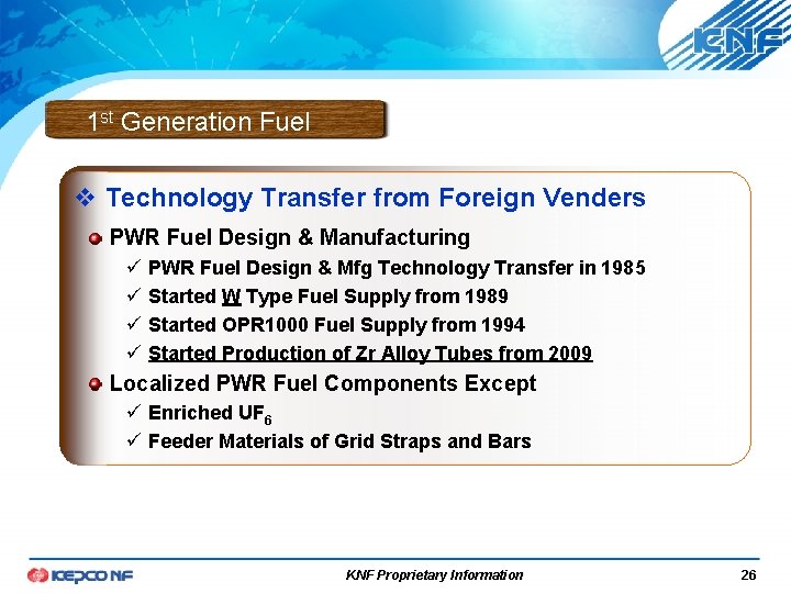 1 st Generation Fuel v Technology Transfer from Foreign Venders PWR Fuel Design & 1 st Generation Fuel v Technology Transfer from Foreign Venders PWR Fuel Design &