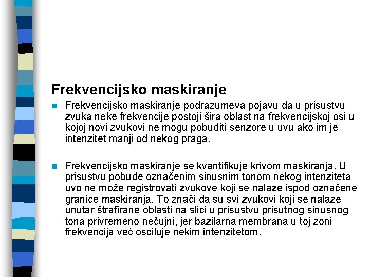 Frekvencijsko maskiranje n Frekvencijsko maskiranje podrazumeva pojavu da u prisustvu zvuka neke frekvencije postoji