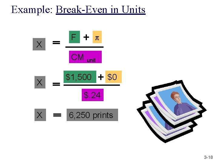 Example: Break-Even in Units X p F CM unit X $1, 500 $0 $.