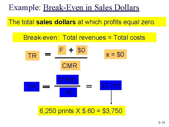 Example: Break-Even in Sales Dollars The total sales dollars at which profits equal zero.