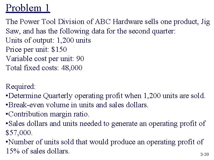 Problem 1 The Power Tool Division of ABC Hardware sells one product, Jig Saw,