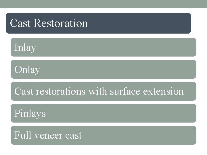 Cast Restoration Inlay Onlay Cast restorations with surface extension Pinlays Full veneer cast 