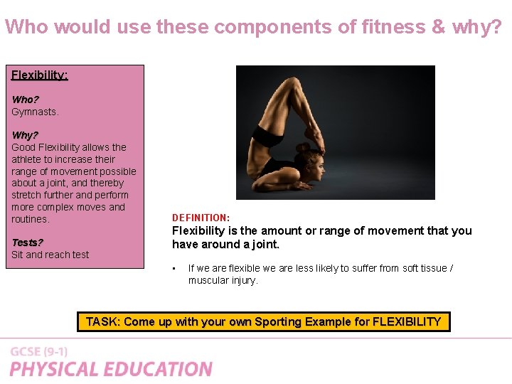 Who would use these components of fitness & why? Flexibility: Who? Gymnasts. Why? Good