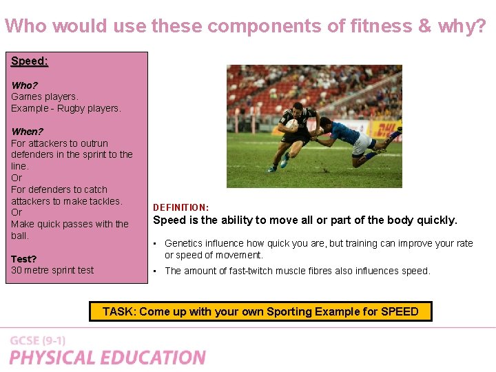 Who would use these components of fitness & why? Speed: Who? Games players. Example