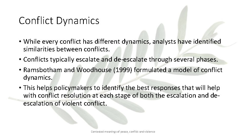 Conflict Dynamics • While every conflict has different dynamics, analysts have identified similarities between