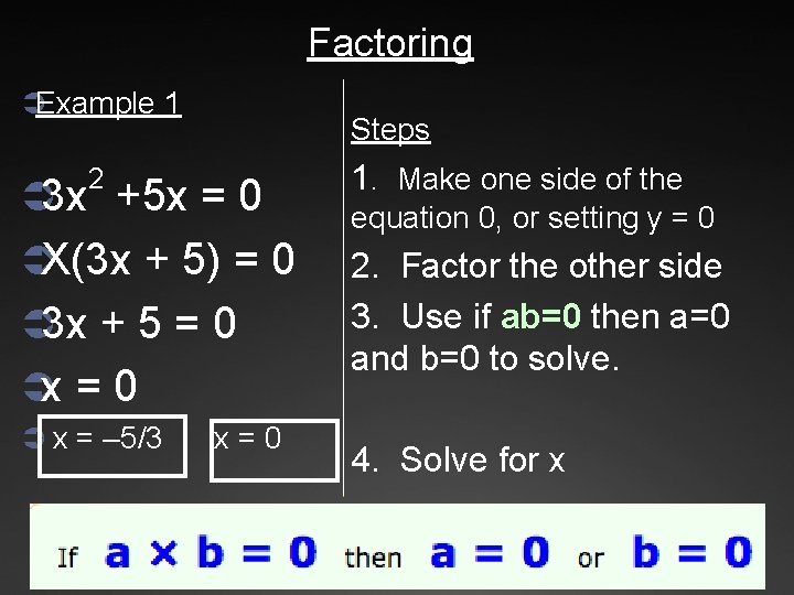 Factoring ÜExample 1 Steps Ü 3 x +5 x = 0 1. Make one