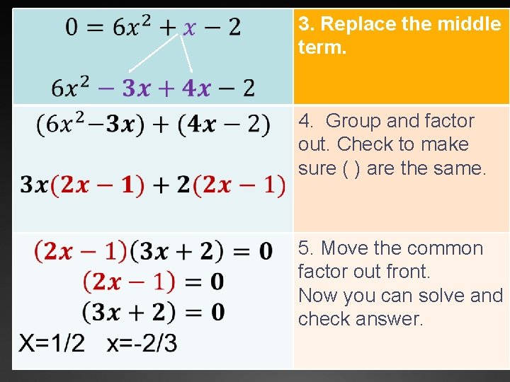 3. Replace the middle term. 4. Group and factor out. Check to make sure