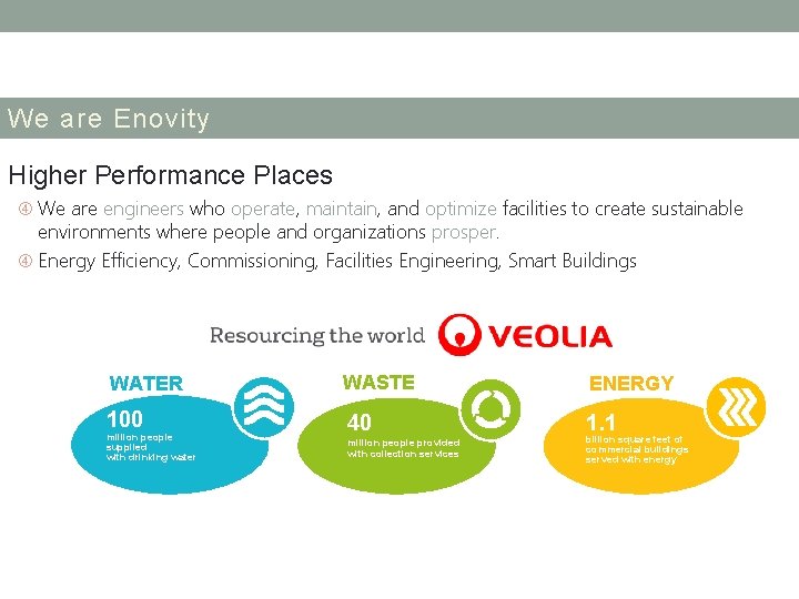 We are Enovity Higher Performance Places We are engineers who operate, maintain, and optimize