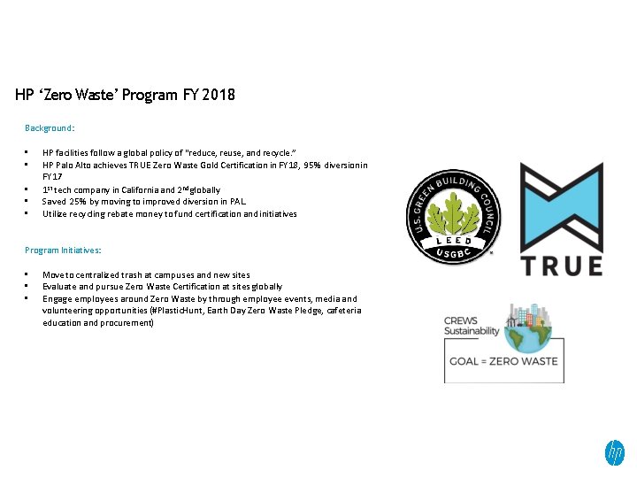 HP ‘Zero Waste’ Program FY 2018 Background: • • • HP facilities follow a