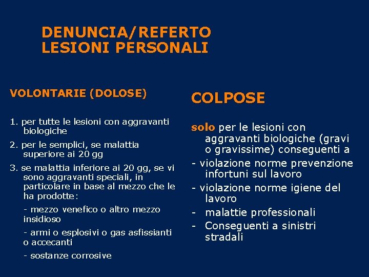 DENUNCIA/REFERTO LESIONI PERSONALI VOLONTARIE (DOLOSE) 1. per tutte le lesioni con aggravanti biologiche 2.
