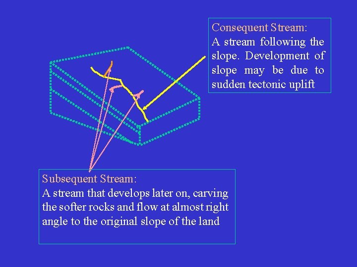 Consequent Stream: A stream following the slope. Development of slope may be due to