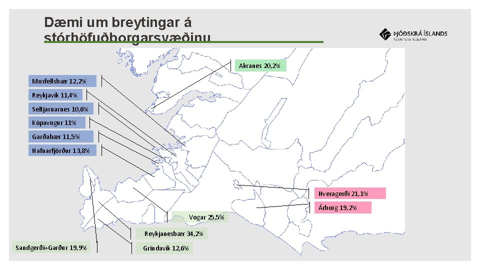 Dæmi um breytingar á stórhöfuðborgarsvæðinu Akranes 20, 2% Mosfellsbær 12, 2% Reykjavík 11, 4%