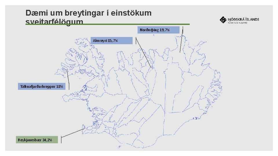 Dæmi um breytingar í einstökum sveitarfélögum Norðurþing 19, 7% Akureyri 15, 7% Tálknafjarðarhreppur 18%