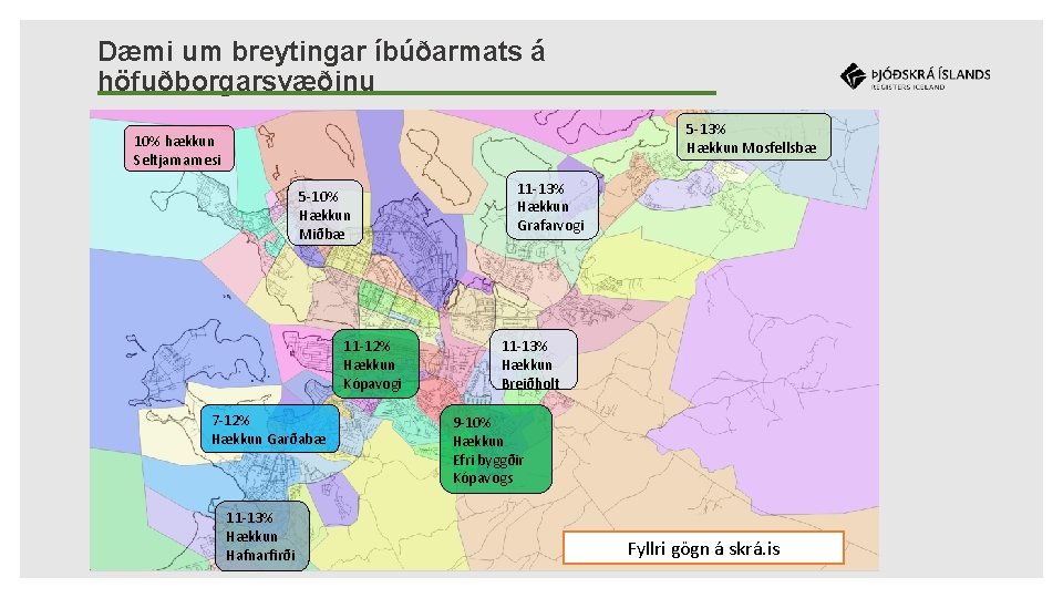 Dæmi um breytingar íbúðarmats á höfuðborgarsvæðinu 5 -13% Hækkun Mosfellsbæ 10% hækkun Seltjarnarnesi 5