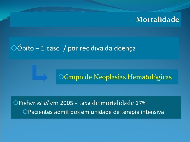 Mortalidade Óbito – 1 caso / por recidiva da doença Grupo de Neoplasias Hematológicas
