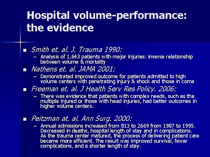 Hospital volume-performance: the evidence n Smith et. al. J. Trauma 1990: n Nathens et.