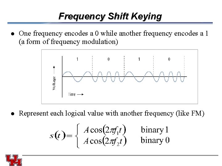 Frequency Shift Keying l One frequency encodes a 0 while another frequency encodes a