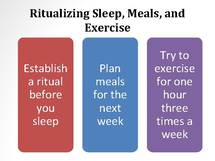 Ritualizing Sleep, Meals, and Exercise Establish a ritual before you sleep Plan meals for