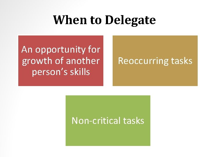 When to Delegate An opportunity for growth of another person’s skills Reoccurring tasks Non-critical