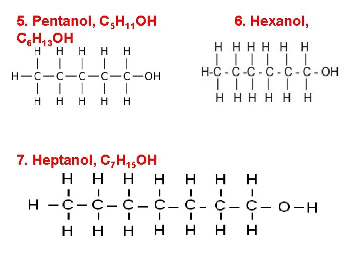 5. Pentanol, C 5 H 11 OH C 6 H 13 OH 7. Heptanol,