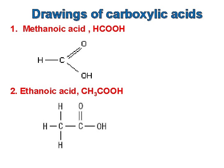 Drawings of carboxylic acids 1. Methanoic acid , HCOOH 2. Ethanoic acid, CH 3