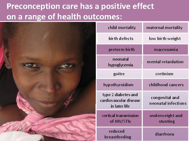 Preconception care has a positive effect on a range of health outcomes: child mortality