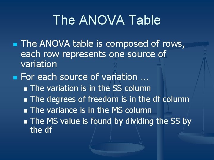 The ANOVA Table n n The ANOVA table is composed of rows, each row