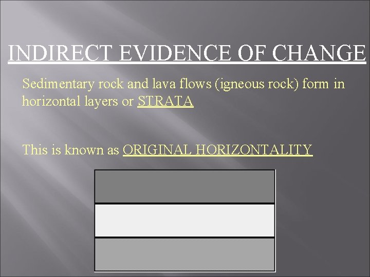 INDIRECT EVIDENCE OF CHANGE Sedimentary rock and lava flows (igneous rock) form in horizontal