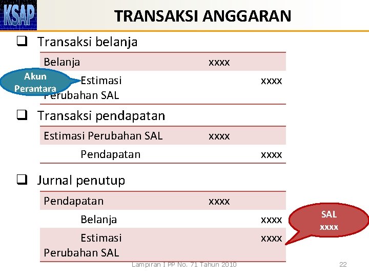 TRANSAKSI ANGGARAN q Transaksi belanja Belanja xxxx Akun Perantara Estimasi Perubahan SAL xxxx q