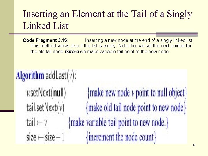 Inserting an Element at the Tail of a Singly Linked List Code Fragment 3.