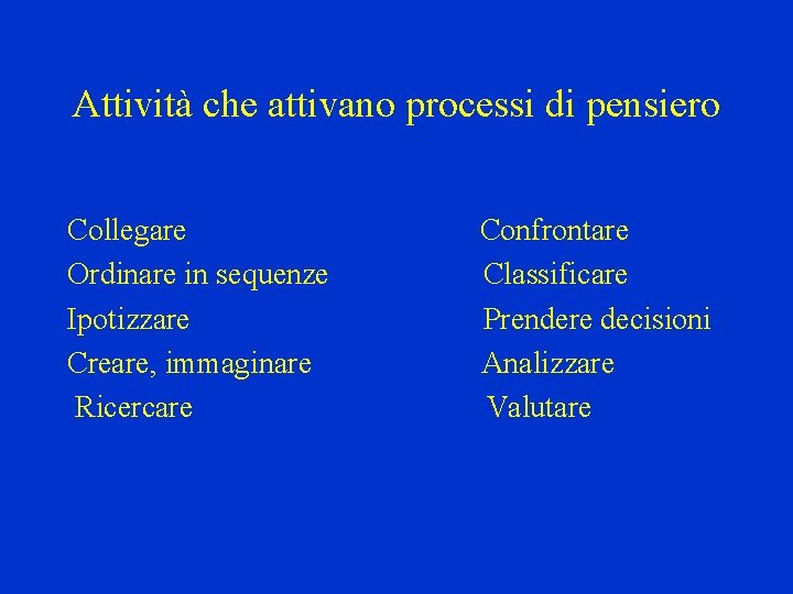 Attività che attivano processi di pensiero Collegare Ordinare in sequenze Ipotizzare Creare, immaginare Ricercare