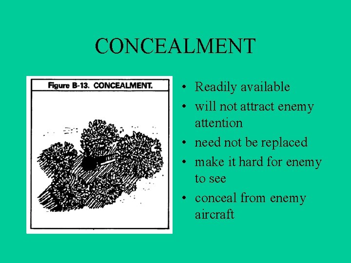 CONCEALMENT • Readily available • will not attract enemy attention • need not be CONCEALMENT • Readily available • will not attract enemy attention • need not be